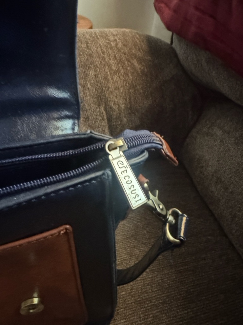 Blue and Brown Leather-Accent Bag with Bow Detail it is blue and brown, - Picture 7 of 8